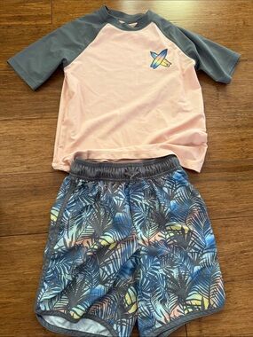 OshKosh B'gosh Orange and Gray Rash Guard Set with Tropical Print Swim Shorts